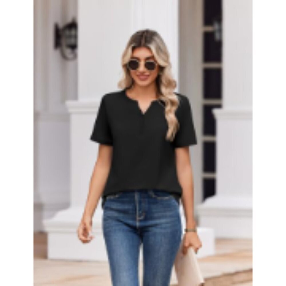 Polyester Spandex Short Sleeve Henley Neck Blouse Casual Dressy Top - Picture 3 of 7